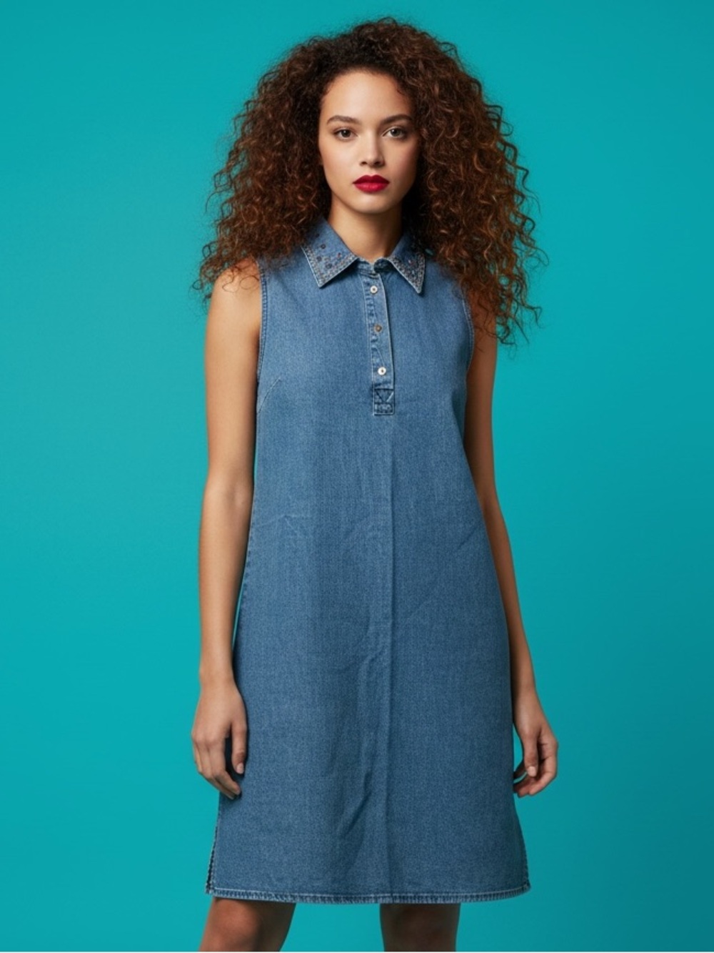 Vintage 90s Christopher & Banks Sleeveless Embroidered Collar Denim Dress Size M
